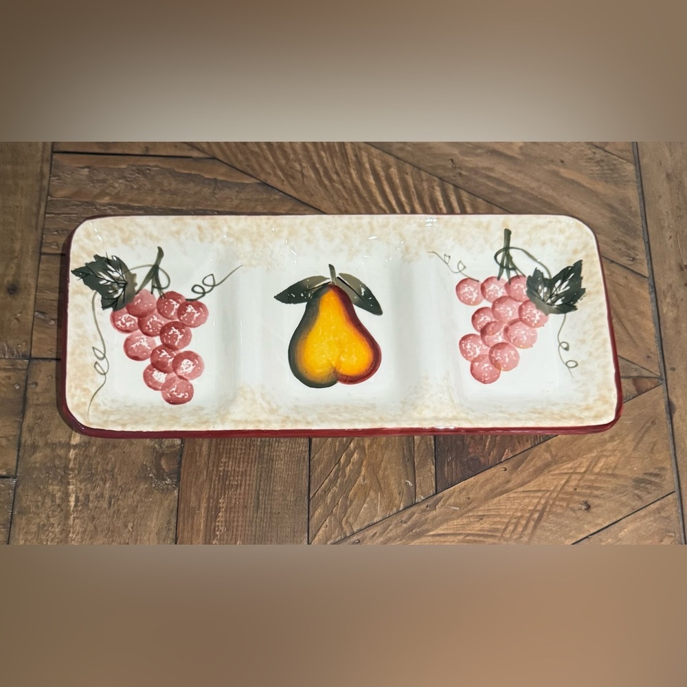VTG Pier 1 3 Section Tuscan Dolomite Tray Fruit Hand Painted 5" Wx11 1/2" Lx1" H